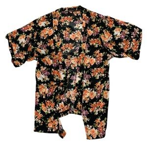 Gypsy Warrior Black Floral Crescent Moon Kimono Cardigan Robe Boho Layer M